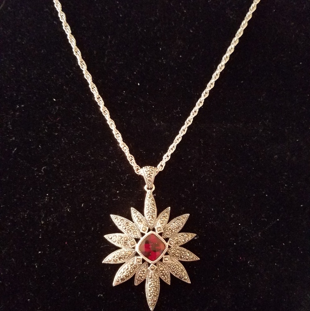 Sterling Silver 925, Marcasite, garnet pendent